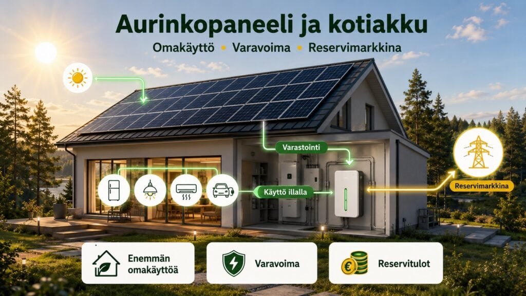 aurinkopaneeli akku laskelma omakäyttö reservimarkkina