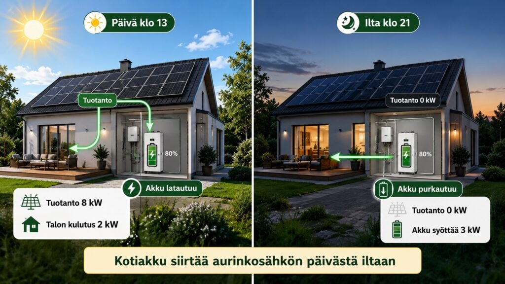 Kotiakku varastoi aurinkopaneelien päivällä tuottaman sähkön ja syöttää sitä talon käyttöön illalla, kun aurinkosähkön tuotanto on loppunut.