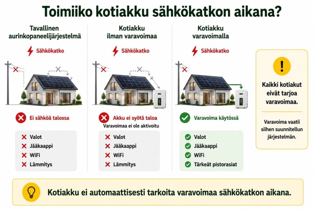 Aurinkopaneeli ja kotiakku sähkökatkon aikana – tavallinen järjestelmä, kotiakku ilman varavoimaa ja kotiakku varavoimatoiminnolla