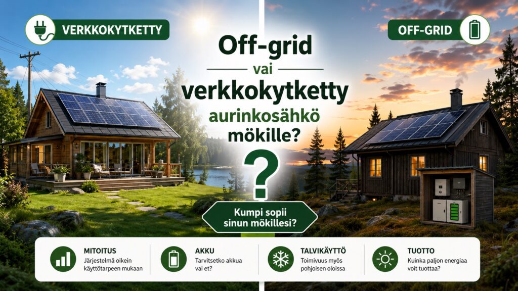 Aurinkopaneeli mökille verkkokytketty ja off-grid aurinkosähköjärjestelmä vertailussa Suomessa.