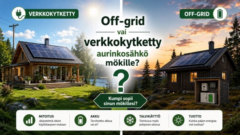 Aurinkopaneeli mökille verkkokytketty ja off-grid aurinkosähköjärjestelmä vertailussa Suomessa.