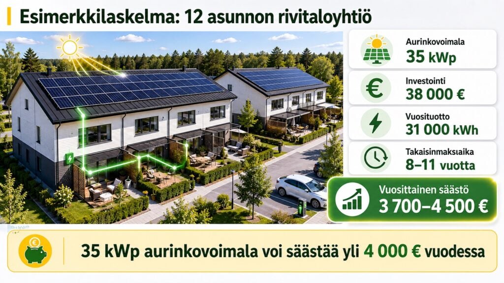 Esimerkkilaskelma 12 asunnon rivitaloyhtiön aurinkopaneelien investoinnista, tuotosta ja takaisinmaksuajasta.