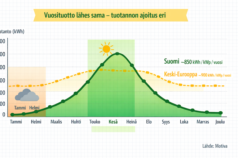 aurinkopaneeli tuotto Suomi vs Keski-Eurooppa vertailu Solarum Suomi Oy