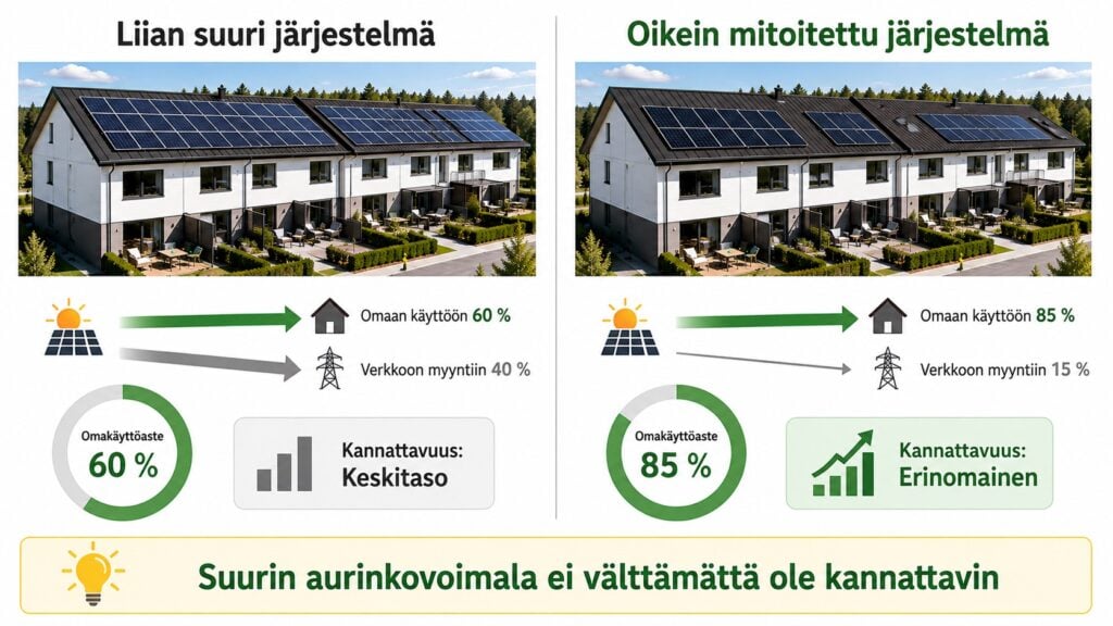 Aurinkovoimalan mitoitus taloyhtiössä – oikein mitoitettu aurinkopaneelijärjestelmä verrattuna ylimitoitettuun ratkaisuun.