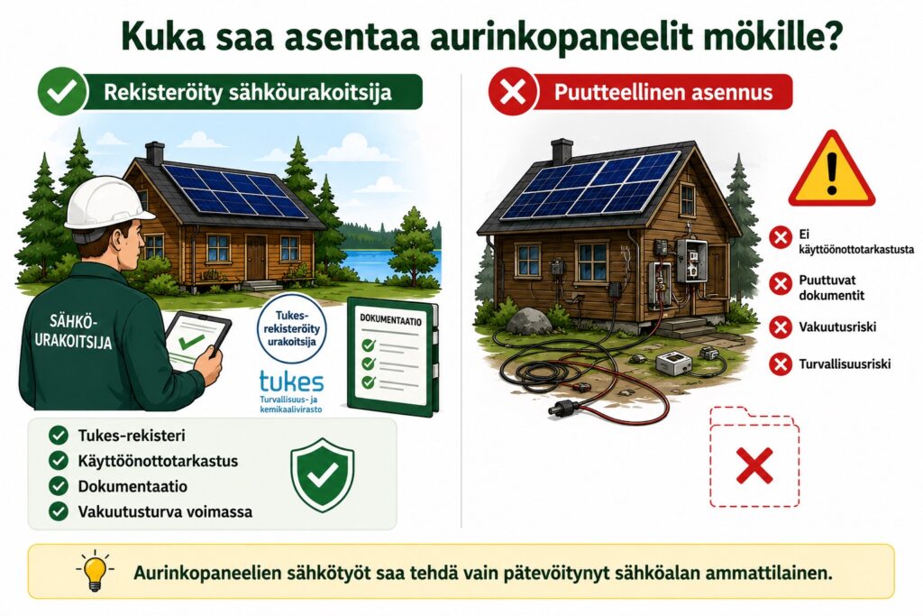 aurinkopaneeli mökille sähkötyöt Tukes rekisteri Solarum Suomi Oy