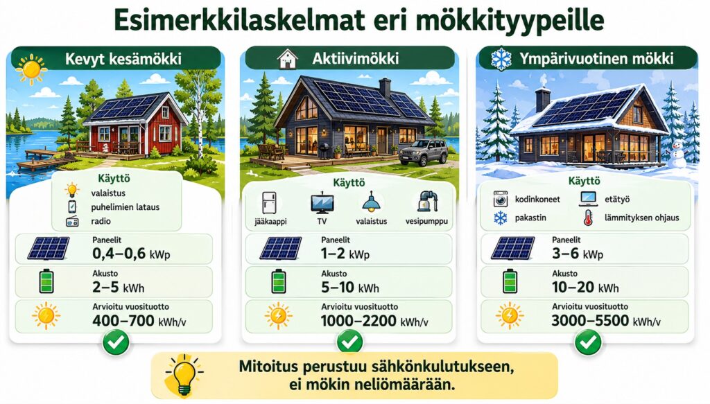 aurinkopaneeli mökille mitoitus esimerkkilaskelmat eri käyttöprofiileille