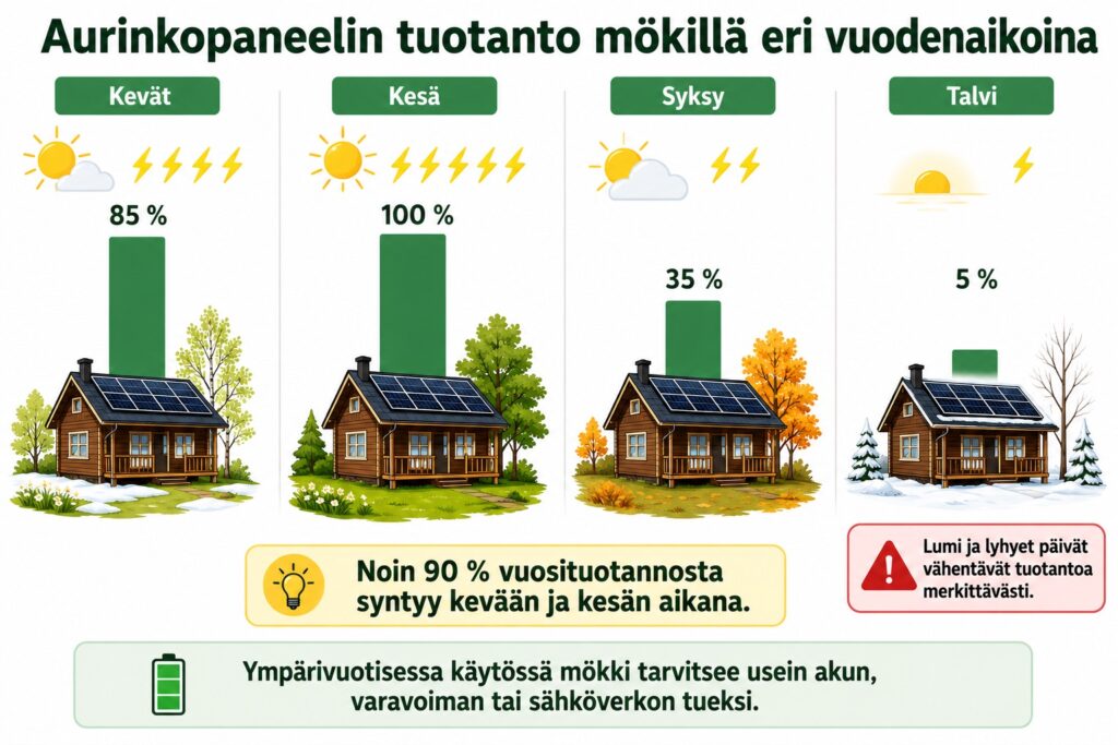 aurinkopaneeli talvella mökillä kuukausituotto Suomessa Solarum Suomi Oy