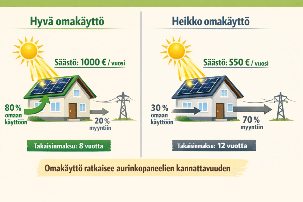 aurinkopaneeli takaisinmaksuaika riippuvuus omakäytöstä Suomessa