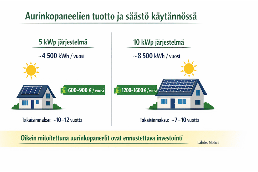 aurinkopaneeli tuotto ja säästö Suomi vertailu 5 kWp 10 kWp Solarum Suomi Oy
