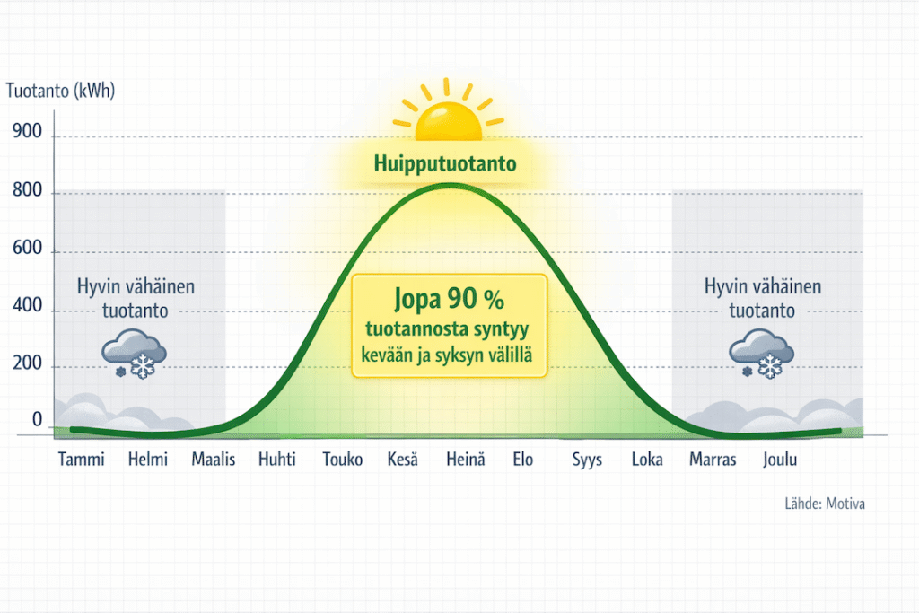 aurinkopaneeli tuotto Suomessa kuukausittain Solarum Suomi Oy pylväsdiagrammi