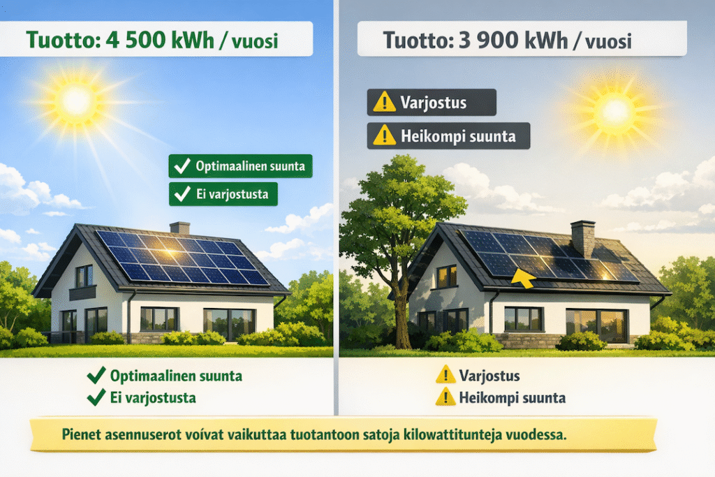 aurinkopaneeli tuotto Suomessa vaikuttavat tekijät suunta varjostus lämpötila Solarum Suomi Oy
