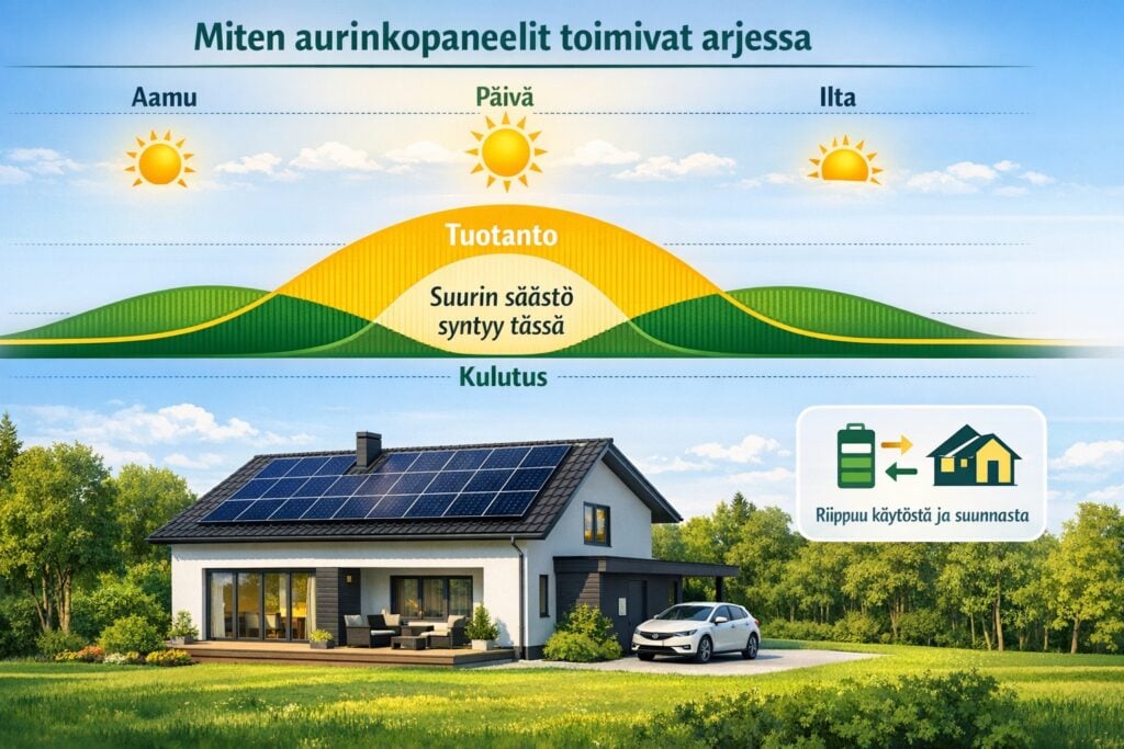 aurinkopaneeli hinta ja käyttö omakotitalossa eri tilanteissa - Solarum Suomi