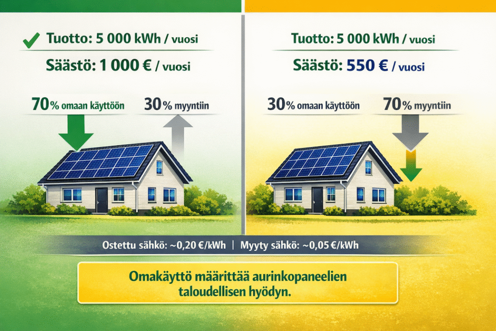 aurinkopaneeli omakäyttöaste vaikutus säästöön Solarum Suomi Oy vertailu