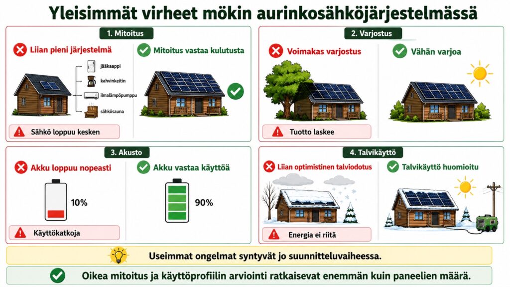 yleisimmät aurinkopaneeli mökille virheet ja oikea mitoitus